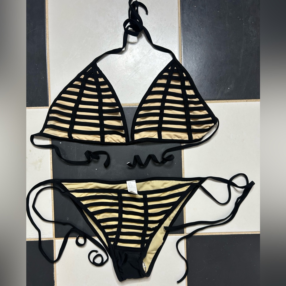 Black and Tan Strappy Bikini Set